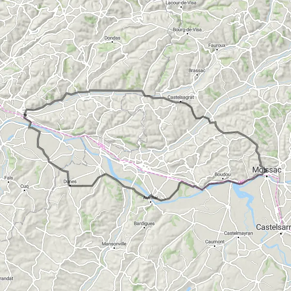 Map miniature of "Charming Villages of Espalais and Castelsagrat" cycling inspiration in Midi-Pyrénées, France. Generated by Tarmacs.app cycling route planner