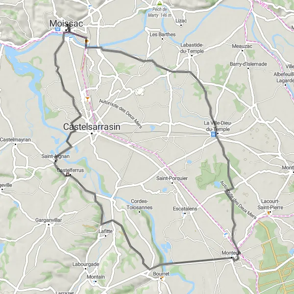 Miniatura mapy "Trasa dookoła Moissac" - trasy rowerowej w Midi-Pyrénées, France. Wygenerowane przez planer tras rowerowych Tarmacs.app
