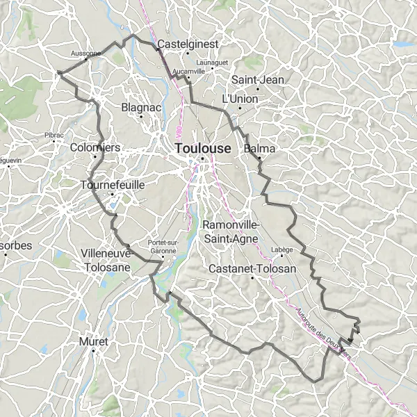 Karten-Miniaturansicht der Radinspiration "Entdeckungstour durch die ländliche Umgebung von Toulouse" in Midi-Pyrénées, France. Erstellt vom Tarmacs.app-Routenplaner für Radtouren