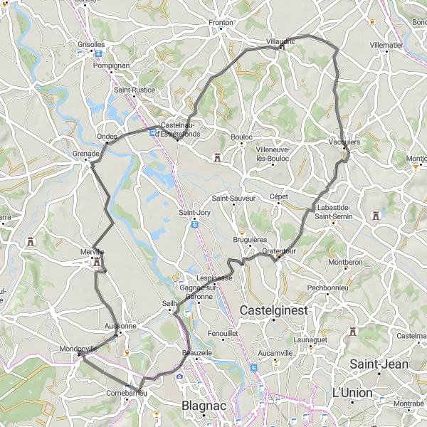 Map miniature of "Scenic Adventure: Mondonville to Montaigut-sur-Save" cycling inspiration in Midi-Pyrénées, France. Generated by Tarmacs.app cycling route planner