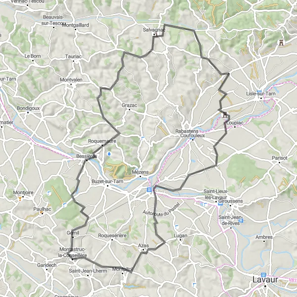 Karten-Miniaturansicht der Radinspiration "Entdeckung der ländlichen Schönheit" in Midi-Pyrénées, France. Erstellt vom Tarmacs.app-Routenplaner für Radtouren