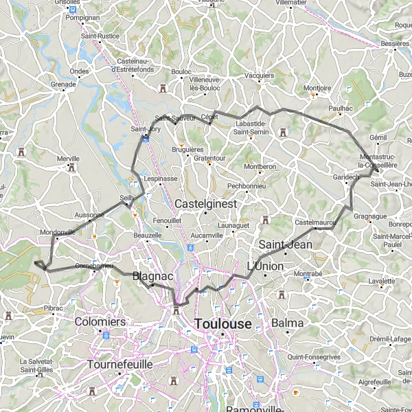 Miniatua del mapa de inspiración ciclista "Ruta de ciclismo de carretera con 380 metros de ascenso y 79 kilómetros de distancia" en Midi-Pyrénées, France. Generado por Tarmacs.app planificador de rutas ciclistas