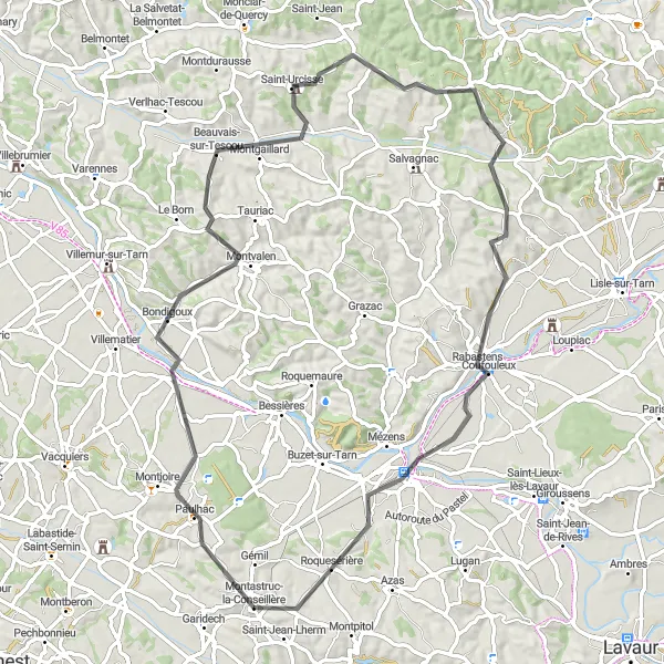 Zemljevid v pomanjšavi "Krožna kolesarska pot do Montastruc-la-Conseillère" kolesarske inspiracije v Midi-Pyrénées, France. Generirano z načrtovalcem kolesarskih poti Tarmacs.app