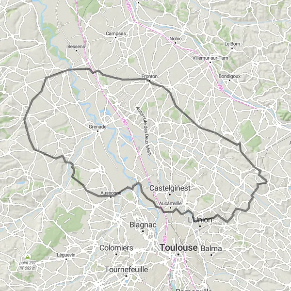 Miniatua del mapa de inspiración ciclista "Ruta de ciclismo de carretera con 757 metros de ascenso y 108 kilómetros de distancia" en Midi-Pyrénées, France. Generado por Tarmacs.app planificador de rutas ciclistas