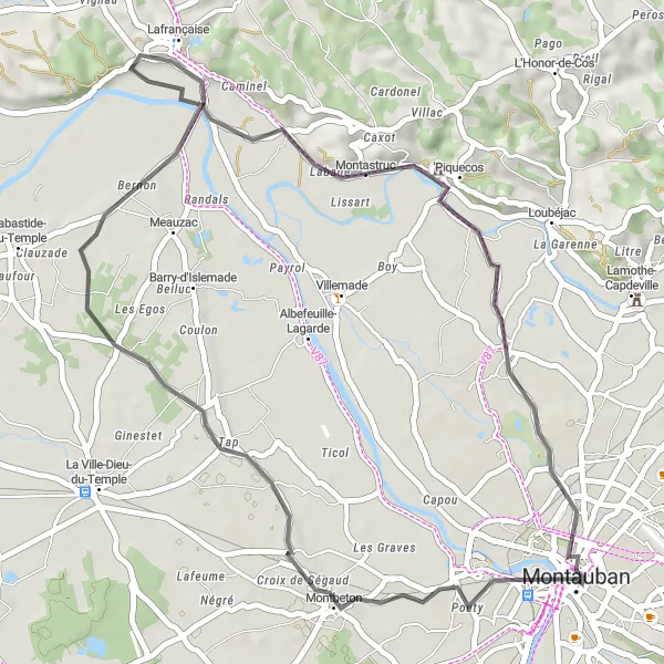 Map miniature of "Montauban - Lafrançaise Loop" cycling inspiration in Midi-Pyrénées, France. Generated by Tarmacs.app cycling route planner