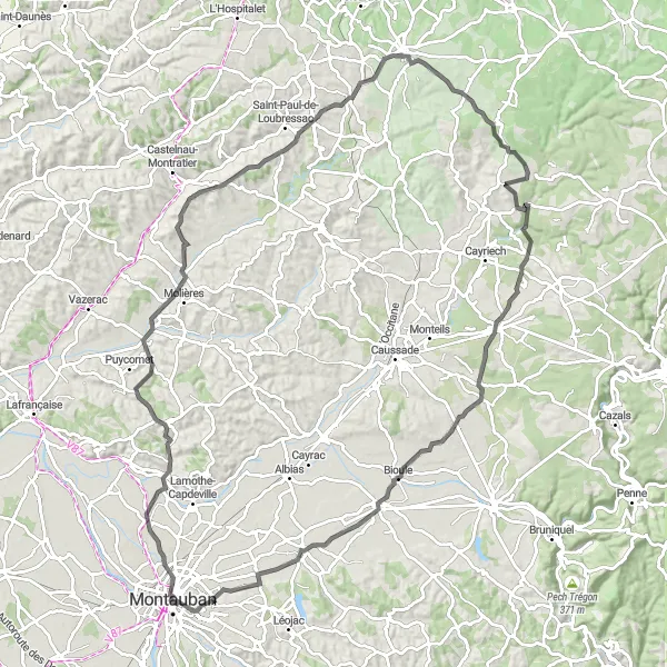 Mapa miniatúra "Vesnicemi Midi-Pyrénées" cyklistická inšpirácia v Midi-Pyrénées, France. Vygenerované cyklistickým plánovačom trás Tarmacs.app