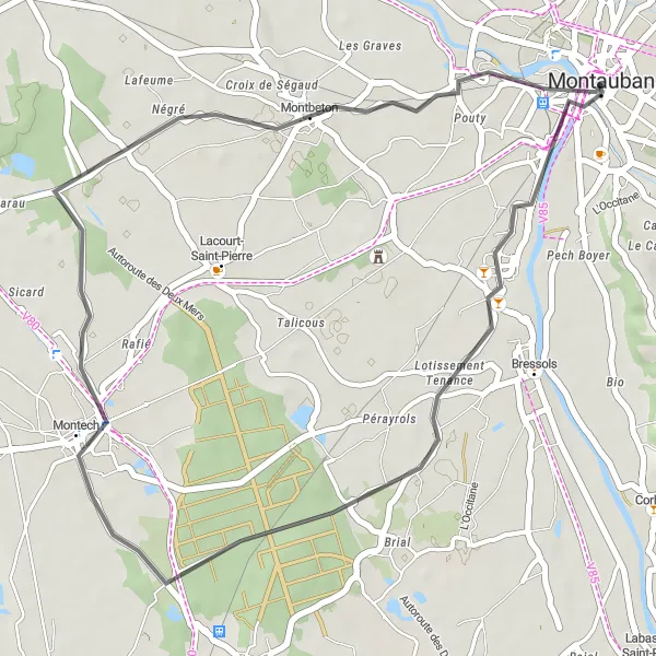 Miniatua del mapa de inspiración ciclista "Ruta circular desde Montauban a Montech y Villebourbon" en Midi-Pyrénées, France. Generado por Tarmacs.app planificador de rutas ciclistas