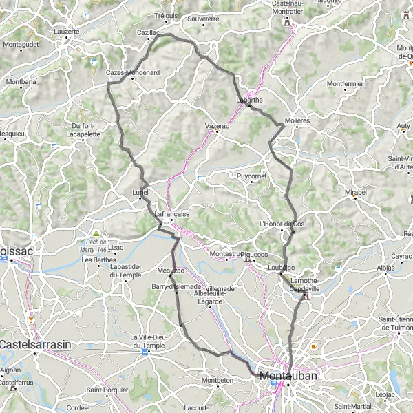 Miniaturní mapa "Rozmanitá trať kolem Barry-d'Islemade" inspirace pro cyklisty v oblasti Midi-Pyrénées, France. Vytvořeno pomocí plánovače tras Tarmacs.app