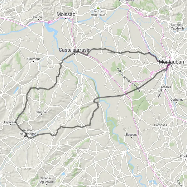 Miniaturní mapa "Výlet na kole po okolí Montaubanu" inspirace pro cyklisty v oblasti Midi-Pyrénées, France. Vytvořeno pomocí plánovače tras Tarmacs.app