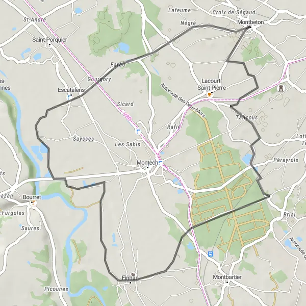 Map miniature of "Montbeton to Finhan via Escatalens" cycling inspiration in Midi-Pyrénées, France. Generated by Tarmacs.app cycling route planner