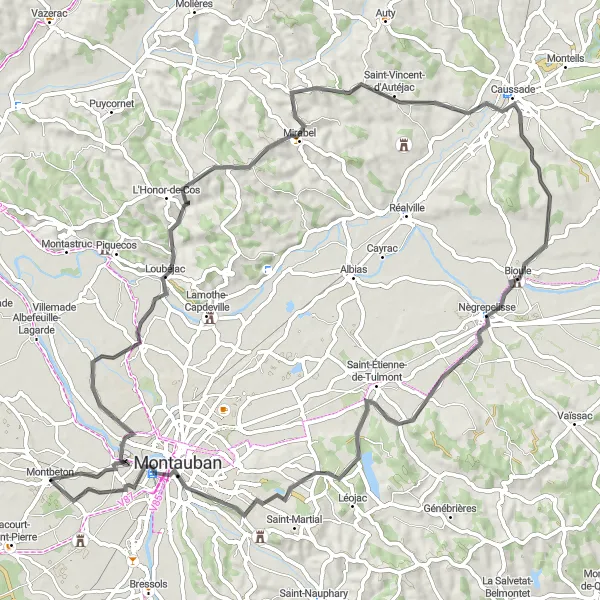 Miniatua del mapa de inspiración ciclista "Ruta de bicicleta de carretera Montbeton - Cantegrel - Saint-Vincent-d'Autéjac - Bioule - Montauban" en Midi-Pyrénées, France. Generado por Tarmacs.app planificador de rutas ciclistas