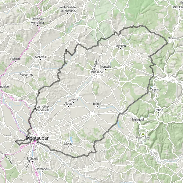 Miniature de la carte de l'inspiration cycliste "Boucle sportive Cantegrel - Puylaroque - Cirque de Bone - Vaïssac - Montbeton" dans la Midi-Pyrénées, France. Générée par le planificateur d'itinéraire cycliste Tarmacs.app