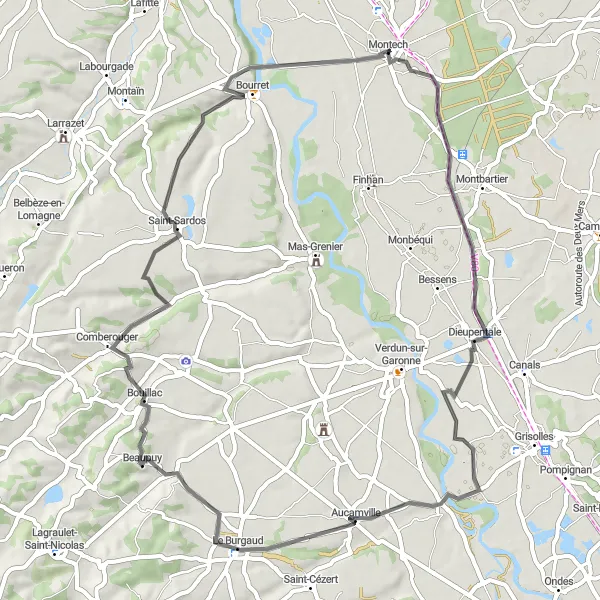 Zemljevid v pomanjšavi "Kolesarska pot v Dieupentale" kolesarske inspiracije v Midi-Pyrénées, France. Generirano z načrtovalcem kolesarskih poti Tarmacs.app