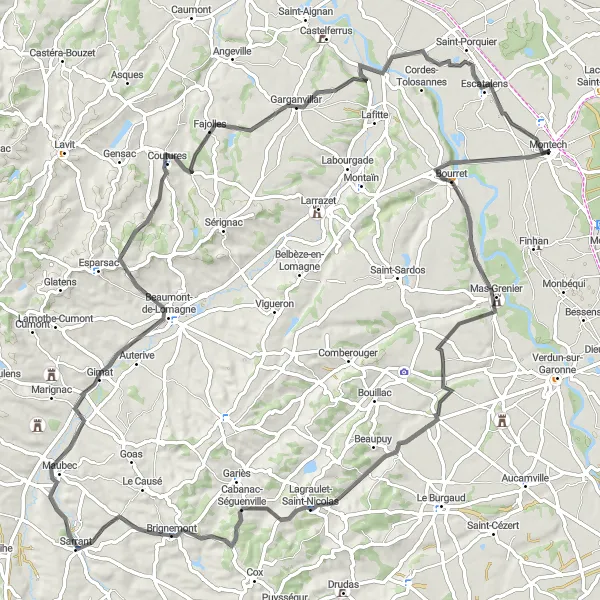 Miniaturní mapa "Cyklistická trasa kolem Montechu a Mas-Grenier" inspirace pro cyklisty v oblasti Midi-Pyrénées, France. Vytvořeno pomocí plánovače tras Tarmacs.app