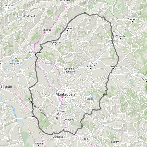Karttaminiaatyyri "Montech - Montpezat-de-Quercy - Reyniès - Montbartier - Montech" pyöräilyinspiraatiosta alueella Midi-Pyrénées, France. Luotu Tarmacs.app pyöräilyreittisuunnittelijalla