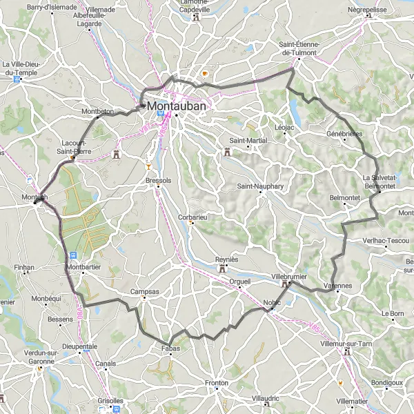 Miniature de la carte de l'inspiration cycliste "Tour de Saint-Étienne-de-Tulmont" dans la Midi-Pyrénées, France. Générée par le planificateur d'itinéraire cycliste Tarmacs.app