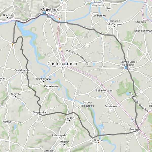 Miniaturní mapa "Cyklistická trasa kolem Montechu a okolí" inspirace pro cyklisty v oblasti Midi-Pyrénées, France. Vytvořeno pomocí plánovače tras Tarmacs.app