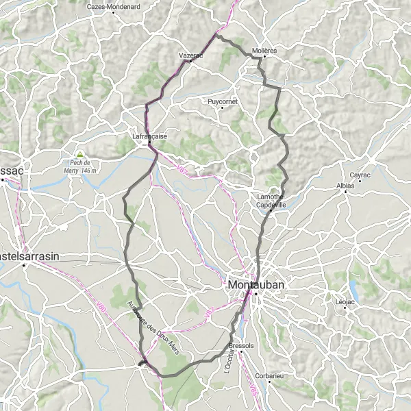 Mapa miniatúra "Okruhová cyklotrasa z Montech (Midi-Pyrénées, Francúzsko)" cyklistická inšpirácia v Midi-Pyrénées, France. Vygenerované cyklistickým plánovačom trás Tarmacs.app