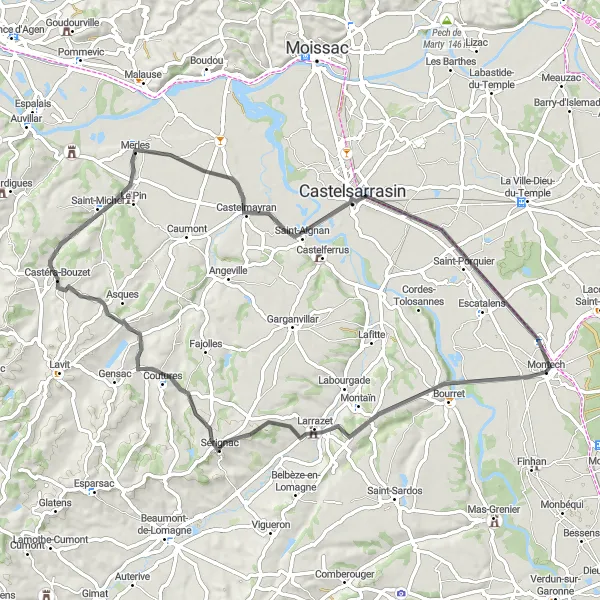 Miniaturní mapa "Cyklostezka kolem Montechu a Saint-Porquier" inspirace pro cyklisty v oblasti Midi-Pyrénées, France. Vytvořeno pomocí plánovače tras Tarmacs.app