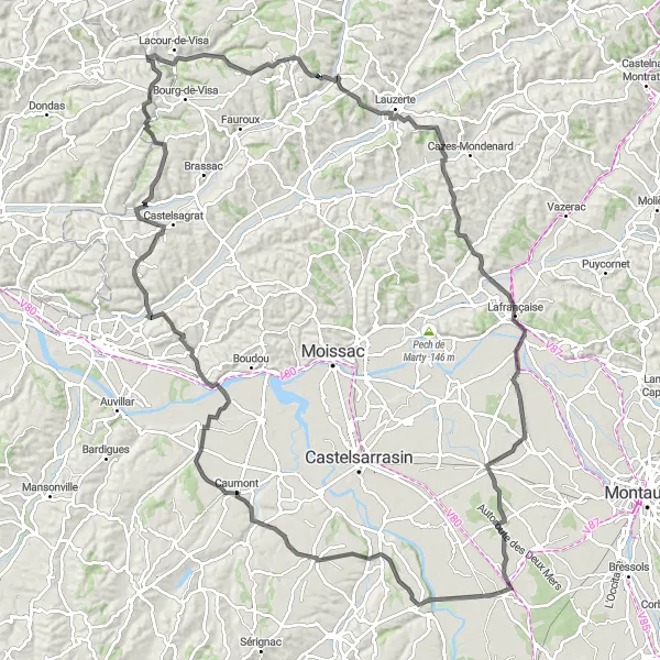 Kartminiatyr av "Montech til Lauzerte Road Cycling Tour" sykkelinspirasjon i Midi-Pyrénées, France. Generert av Tarmacs.app sykkelrutoplanlegger