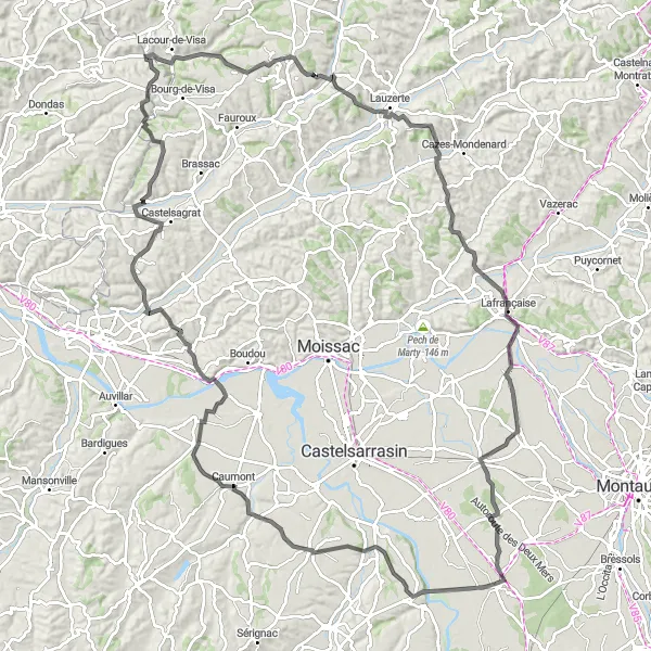 Karttaminiaatyyri "Montech-Ympyräiseen pyöräilyreitti Lauzerteen kautta" pyöräilyinspiraatiosta alueella Midi-Pyrénées, France. Luotu Tarmacs.app pyöräilyreittisuunnittelijalla