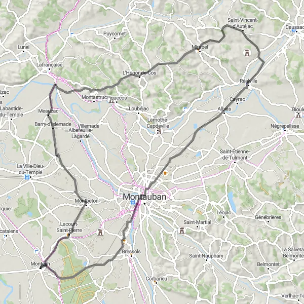 Miniature de la carte de l'inspiration cycliste "Boucle vers Montauban" dans la Midi-Pyrénées, France. Générée par le planificateur d'itinéraire cycliste Tarmacs.app