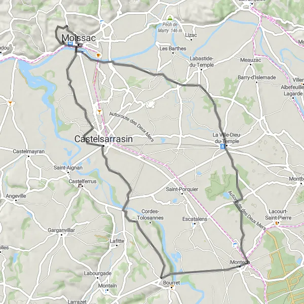 Kartminiatyr av "Oppdag Montech og områdene rundt" sykkelinspirasjon i Midi-Pyrénées, France. Generert av Tarmacs.app sykkelrutoplanlegger