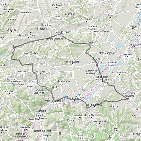 Map miniature of "The Countryside Escape" cycling inspiration in Midi-Pyrénées, France. Generated by Tarmacs.app cycling route planner