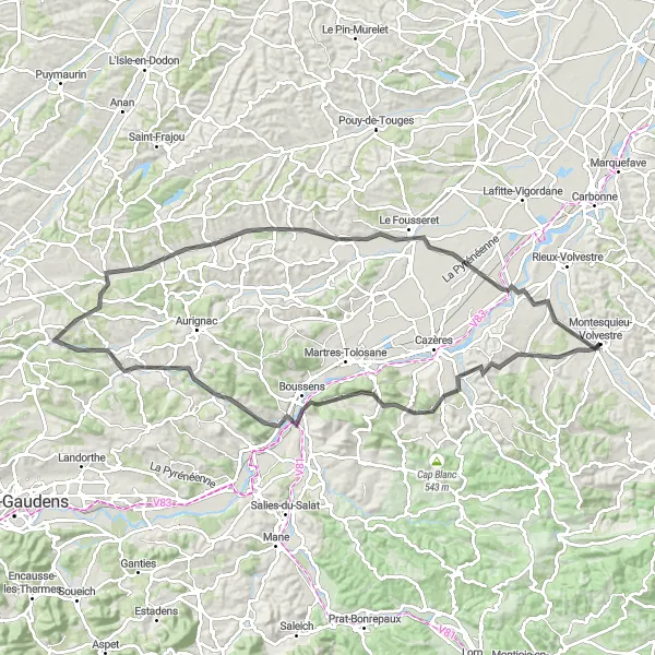Kartminiatyr av "Montesquieu-Volvestre til Montoussin Loop" sykkelinspirasjon i Midi-Pyrénées, France. Generert av Tarmacs.app sykkelrutoplanlegger