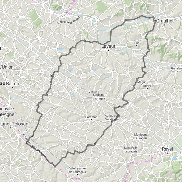 Kartminiatyr av "Upptäck Odars, Château de Lézignac och Donneville" cykelinspiration i Midi-Pyrénées, France. Genererad av Tarmacs.app cykelruttplanerare