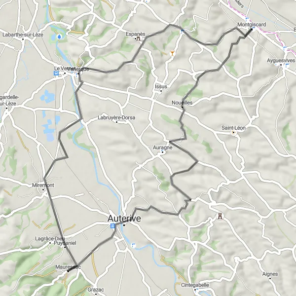 Map miniature of "The Noueilles Loop" cycling inspiration in Midi-Pyrénées, France. Generated by Tarmacs.app cycling route planner