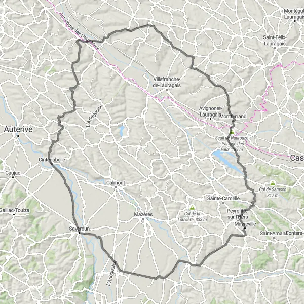 Map miniature of "Hills of Montferrand" cycling inspiration in Midi-Pyrénées, France. Generated by Tarmacs.app cycling route planner