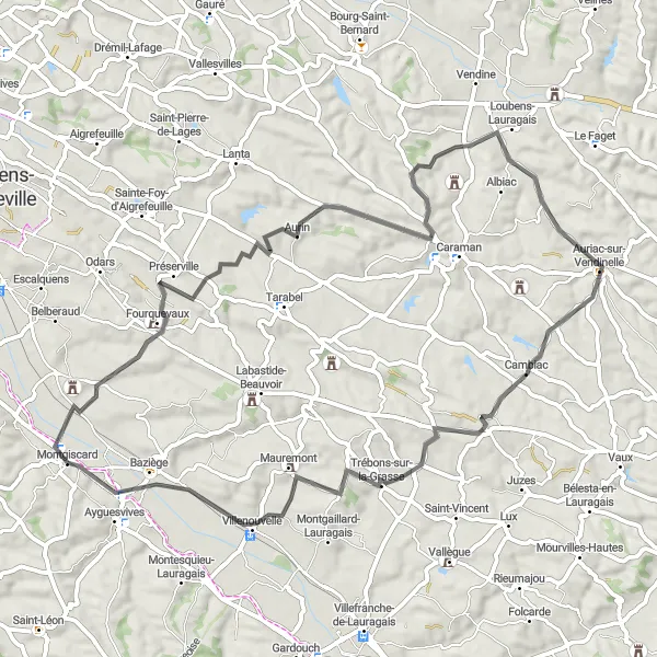 Kartminiatyr av "Utforska Fourquevaux, La Salvetat-Lauragais och Trébons-sur-la-Grasse" cykelinspiration i Midi-Pyrénées, France. Genererad av Tarmacs.app cykelruttplanerare