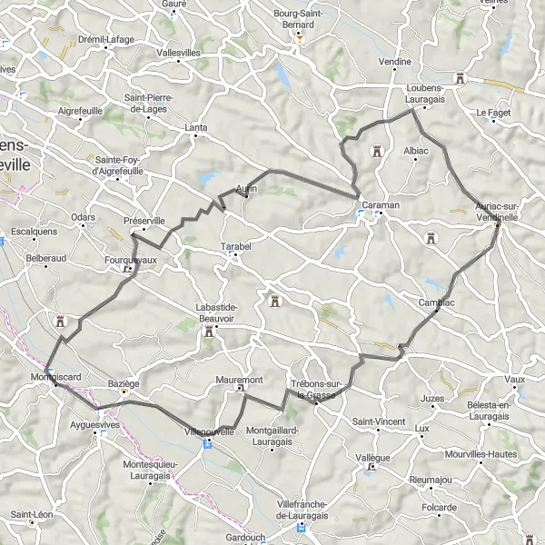 Miniatuurkaart van de fietsinspiratie "Rondrit Trébons-sur-la-Grasse" in Midi-Pyrénées, France. Gemaakt door de Tarmacs.app fietsrouteplanner