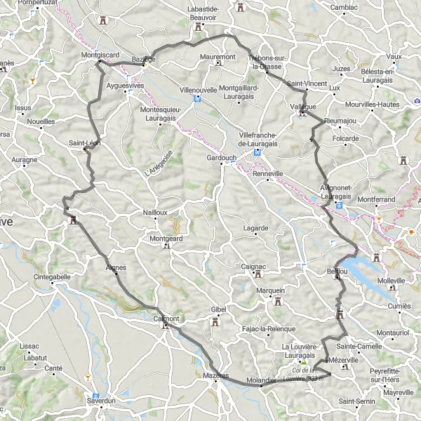 Map miniature of "The Trebons-sur-la-Grasse and Château de Belflou Circuit" cycling inspiration in Midi-Pyrénées, France. Generated by Tarmacs.app cycling route planner