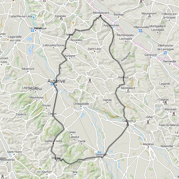 Miniatua del mapa de inspiración ciclista "Ruta de Montgiscard a Montgiscard sluice" en Midi-Pyrénées, France. Generado por Tarmacs.app planificador de rutas ciclistas