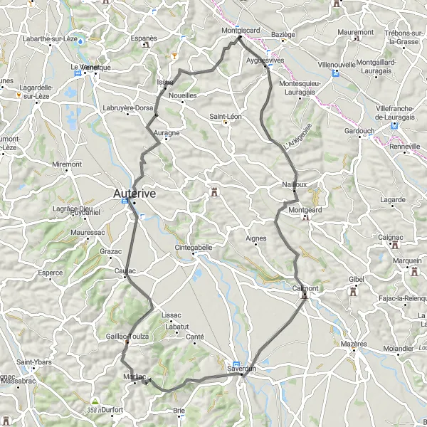 Miniatuurkaart van de fietsinspiratie "Langs schilderachtige dorpjes en natuurlijke schoonheid" in Midi-Pyrénées, France. Gemaakt door de Tarmacs.app fietsrouteplanner