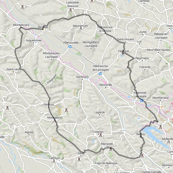 Miniatua del mapa de inspiración ciclista "Ruta de Montgiscard a Château de Roqueville" en Midi-Pyrénées, France. Generado por Tarmacs.app planificador de rutas ciclistas
