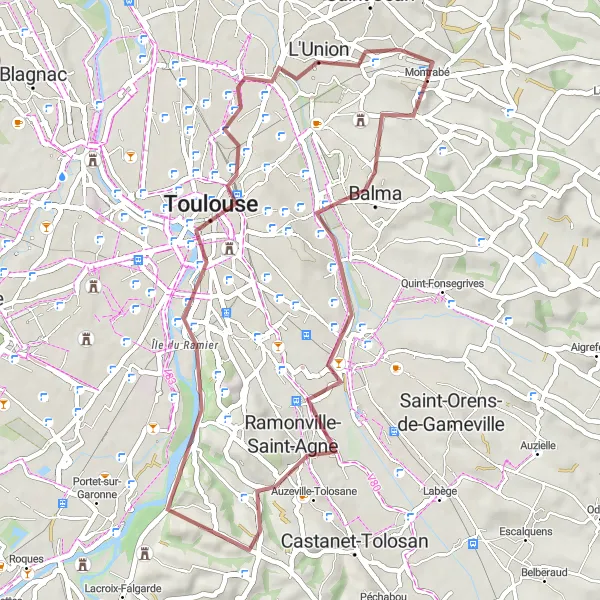 Miniatua del mapa de inspiración ciclista "Ruta de ciclismo off-road cerca de Montrabé" en Midi-Pyrénées, France. Generado por Tarmacs.app planificador de rutas ciclistas