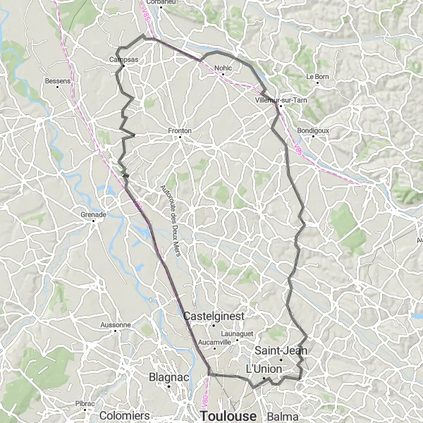 Karttaminiaatyyri "Pitkä road-reitti Toulousen ympäristössä" pyöräilyinspiraatiosta alueella Midi-Pyrénées, France. Luotu Tarmacs.app pyöräilyreittisuunnittelijalla