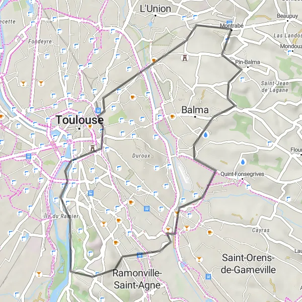Miniatua del mapa de inspiración ciclista "Ruta de ciclismo urbano y rural cerca de Montrabé" en Midi-Pyrénées, France. Generado por Tarmacs.app planificador de rutas ciclistas