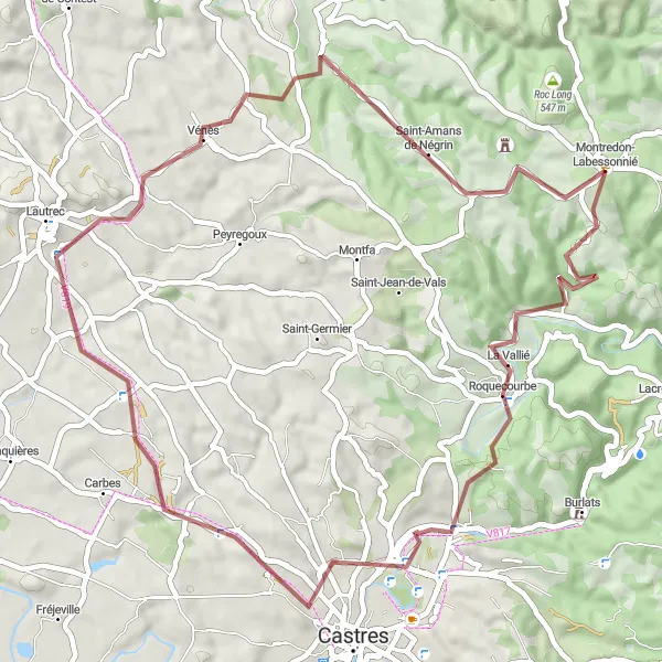 Miniaturní mapa "Gravelová trasa Roquecourbe-Lautrec" inspirace pro cyklisty v oblasti Midi-Pyrénées, France. Vytvořeno pomocí plánovače tras Tarmacs.app