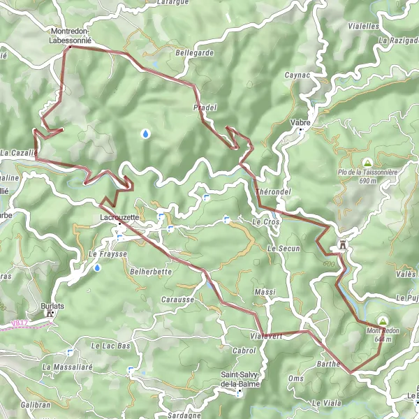 Map miniature of "Montredon-Labessonnié Loop (Gravel)" cycling inspiration in Midi-Pyrénées, France. Generated by Tarmacs.app cycling route planner