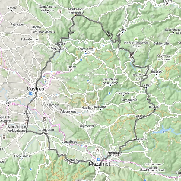 Karttaminiaatyyri "Maantiepyöräilyreitti Vabresta Castresiin" pyöräilyinspiraatiosta alueella Midi-Pyrénées, France. Luotu Tarmacs.app pyöräilyreittisuunnittelijalla