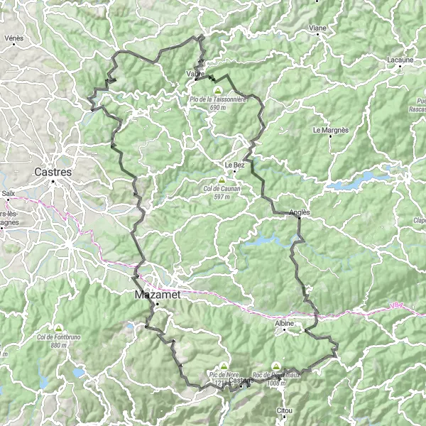 Map miniature of "Road Cycling Adventure: Mountains and Lakes" cycling inspiration in Midi-Pyrénées, France. Generated by Tarmacs.app cycling route planner