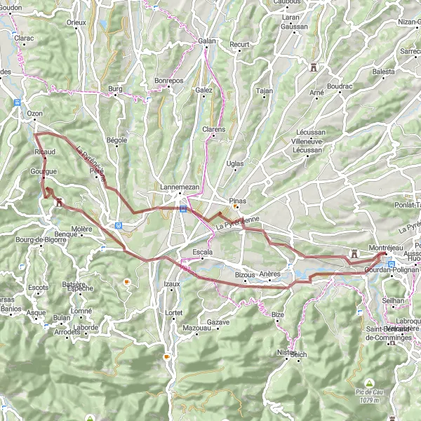Miniaturní mapa "Trasa Pinas" inspirace pro cyklisty v oblasti Midi-Pyrénées, France. Vytvořeno pomocí plánovače tras Tarmacs.app