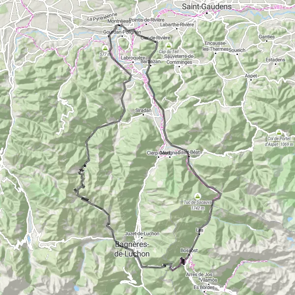 Miniatura mapy "Trasa długodystansowa z 122 km w okolicach Montréjeau" - trasy rowerowej w Midi-Pyrénées, France. Wygenerowane przez planer tras rowerowych Tarmacs.app