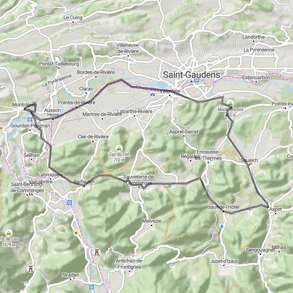 Miniatura mapy "Trasy szosowe: Montréjeau – Table d'orientation – Ausson – Miramont-de-Comminges – Mont Jammes – Aspet – Le Plech – Barbazan – Gourdan-Polignan" - trasy rowerowej w Midi-Pyrénées, France. Wygenerowane przez planer tras rowerowych Tarmacs.app