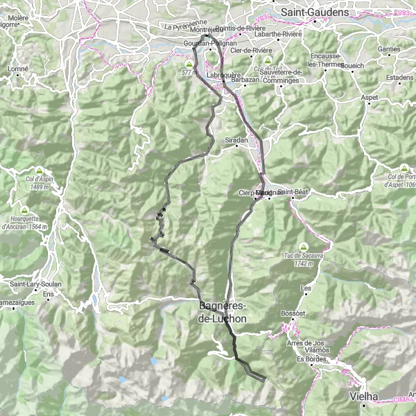 Kartminiatyr av "Utfordrende sykkeltur med fantastisk utsikt" sykkelinspirasjon i Midi-Pyrénées, France. Generert av Tarmacs.app sykkelrutoplanlegger