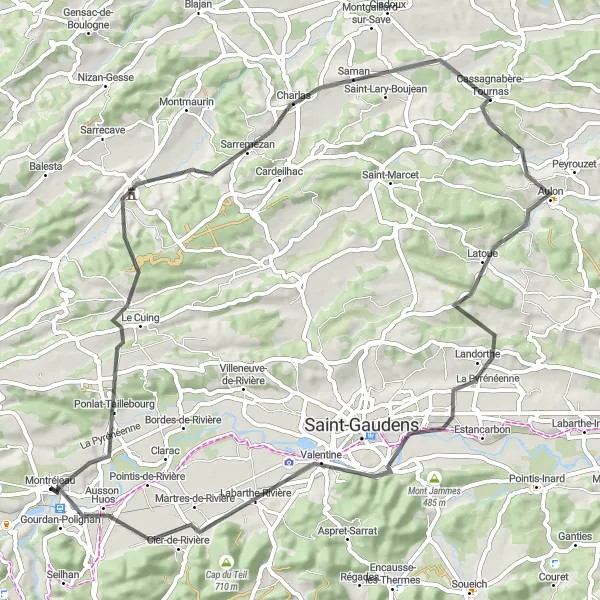 Karten-Miniaturansicht der Radinspiration "Rasantes Roadbike-Erlebnis von Montréjeau" in Midi-Pyrénées, France. Erstellt vom Tarmacs.app-Routenplaner für Radtouren